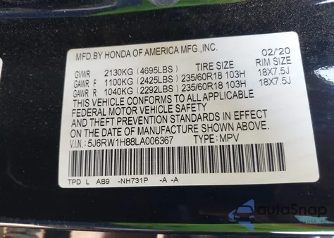 2020 Honda Cr-V 2Wd Ex-L from USA, damaged, VIN 5J6RW1H88LA006367
